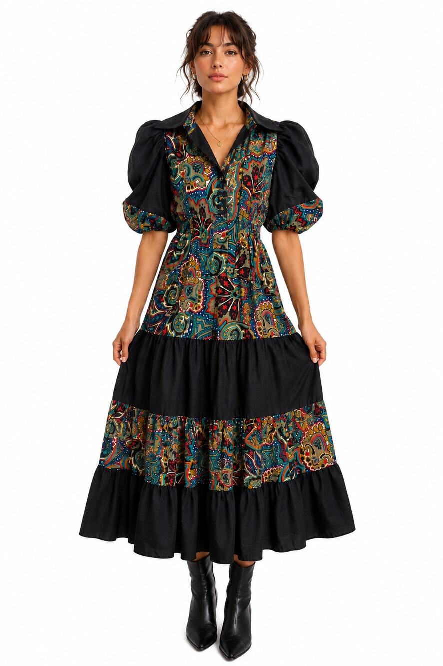1980s Claudia Jane Klein Paisley Puff Sleeve Midi Dress Small